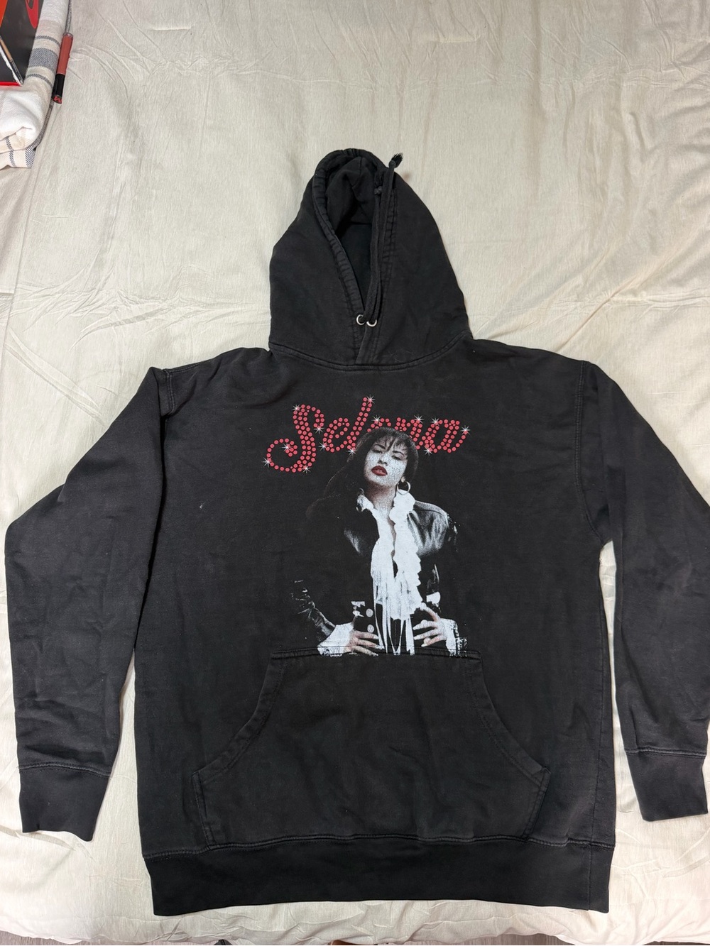 Y2K Selena Graphic Hoodie Black Rhinestone Spellout Pullover Size Large
